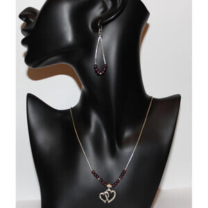 Vintage Sterling Silver Garnet Bead Double Heart Necklace & Earrings Set 18”